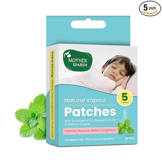 Mother Sparsh Natural Vapour Patches For Kids With Eucalyptus Oil, Peppermint Oil & Thymol Crystal (Camphor Free) | Quick Relief from Runny Nose & Nasal Congestion | Lasts Upto 8 Hrs-(Pack of 5)