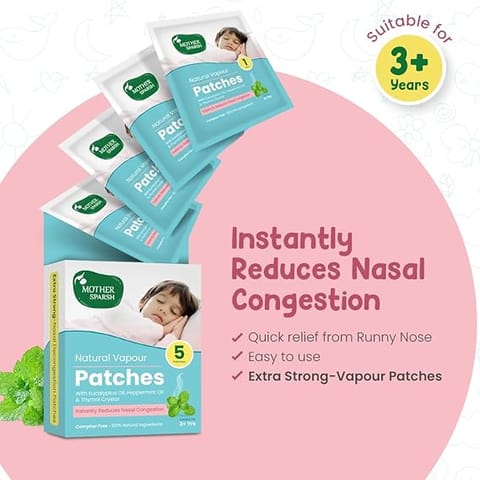 Mother Sparsh Natural Vapour Patches For Kids With Eucalyptus Oil, Peppermint Oil & Thymol Crystal (Camphor Free) | Quick Relief from Runny Nose & Nasal Congestion | Lasts Upto 8 Hrs-(Pack of 5)