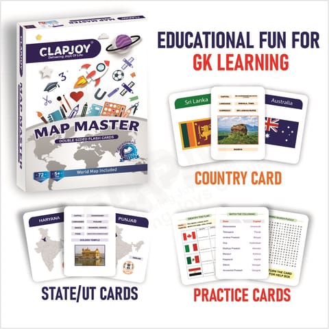 Clapjoy Map Master Educational Flash Cards |Country and Flag Flashcards, GK Return Gift for Kids Ages 5+ Years Old Boys and Girls 72 Double-Sided FlashCards Free World Map Geography Educational Toy