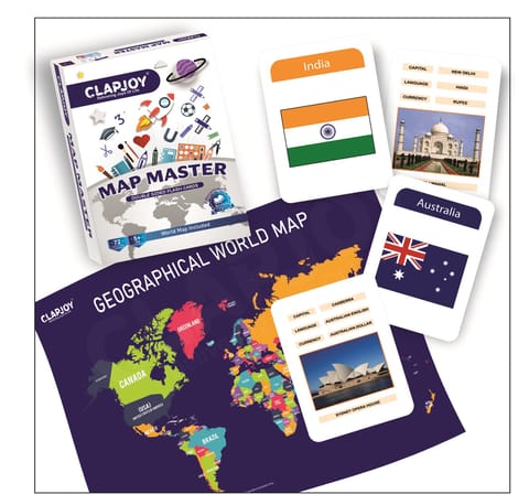 Clapjoy Map Master Educational Flash Cards |Country and Flag Flashcards, GK Return Gift for Kids Ages 5+ Years Old Boys and Girls 72 Double-Sided FlashCards Free World Map Geography Educational Toy