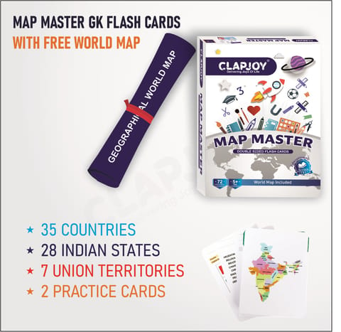 Clapjoy Map Master Educational Flash Cards |Country and Flag Flashcards, GK Return Gift for Kids Ages 5+ Years Old Boys and Girls 72 Double-Sided FlashCards Free World Map Geography Educational Toy