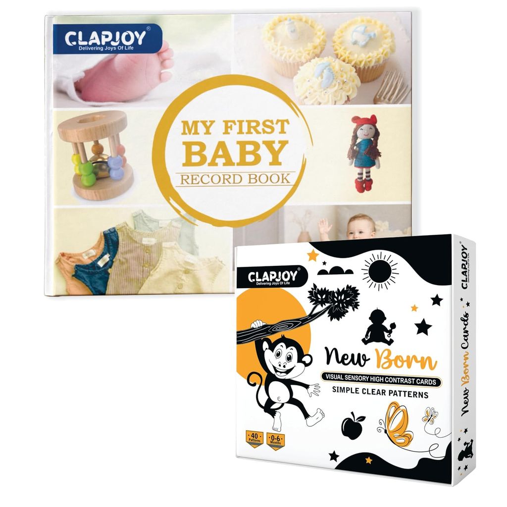 Clapjoy Baby Record Book and New Born Black and White Flash Cards Combo| Lovely Gift for First Time Moms | Ideal Gift for Expecting Parents and Baby Shower