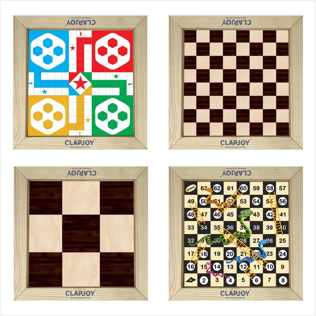 Clapjoy Wooden 4 in 1 Board Game for Kids & Adults| Ludo & Chess |Snake Ladder & Tic Tac Toe| Size 14 x 14 inch | Ideal for Parties, Fun, and Family Game Nights