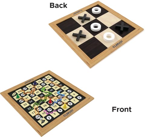 Clapjoy Wooden 4 in 1 Board Game for Kids & Adults| Ludo & Chess |Snake Ladder & Tic Tac Toe| Size 14 x 14 inch | Ideal for Parties, Fun, and Family Game Nights