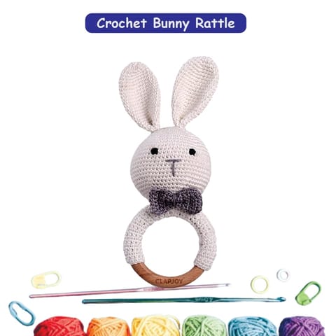 Clapjoy Baby Rattle 0-6 Months Montessori Sensory Toys for Babies, Handmade Crochet Bunny Ring Rattle Toy | Teething Toy |Toddler Play Toy Newborn Shower Gift for Infant Boys Girls 3, 6, 9, 12 Months