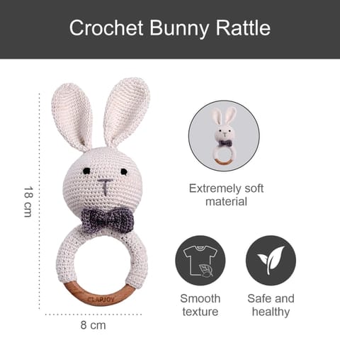 Clapjoy Baby Rattle 0-6 Months Montessori Sensory Toys for Babies, Handmade Crochet Bunny Ring Rattle Toy | Teething Toy |Toddler Play Toy Newborn Shower Gift for Infant Boys Girls 3, 6, 9, 12 Months