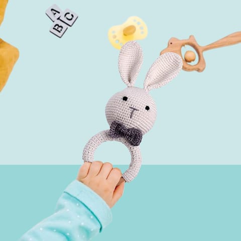 Clapjoy Baby Rattle 0-6 Months Montessori Sensory Toys for Babies, Handmade Crochet Bunny Ring Rattle Toy | Teething Toy |Toddler Play Toy Newborn Shower Gift for Infant Boys Girls 3, 6, 9, 12 Months