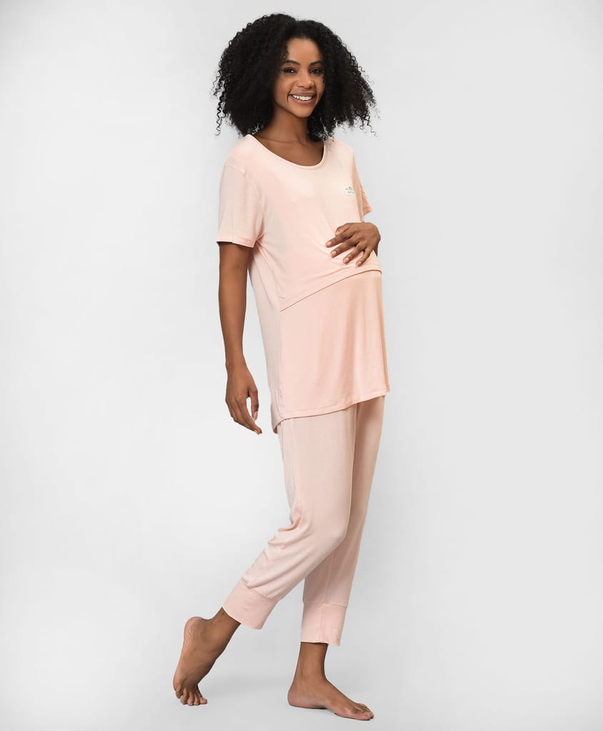 Miarcus Women's Cotton Maternity & Feeding Night Suit Set of Top & Pyjama Nursing Night Dress Pink