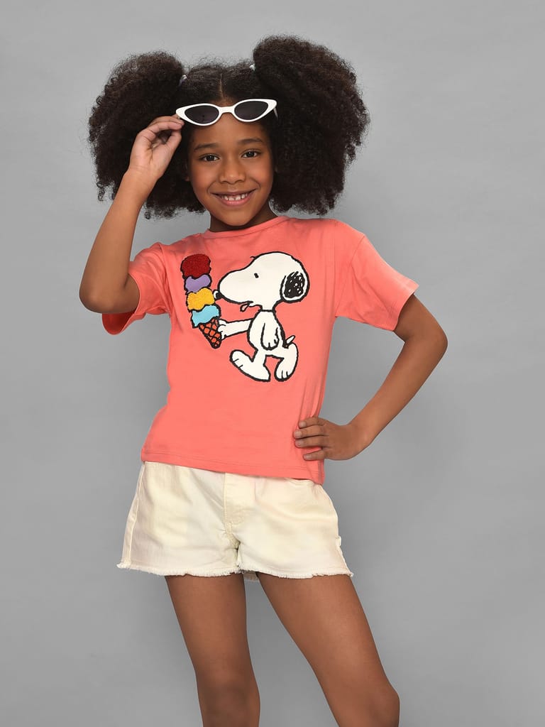 Mi Arcus Peach Peanuts Snoopy Printed Tshirt for Kids
