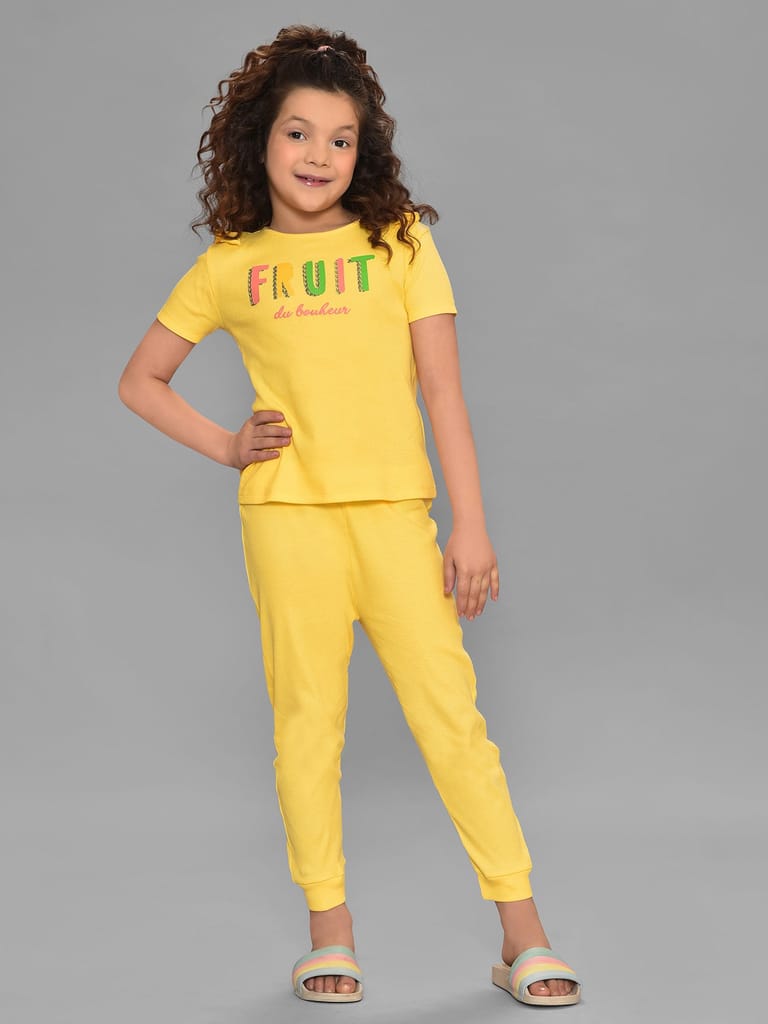 Mi Arcus Cotton Printed Yellow Top with Pyjama Set for Girls