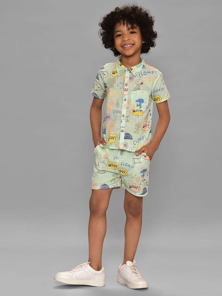 Mi Arcus Peanuts Snoopy Printed Short Sleeve Shirt with Short Co-Set for Boys
