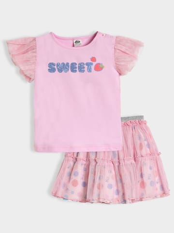 Mi Arcus Pink Printed Cotton Top with Skirt for Girls