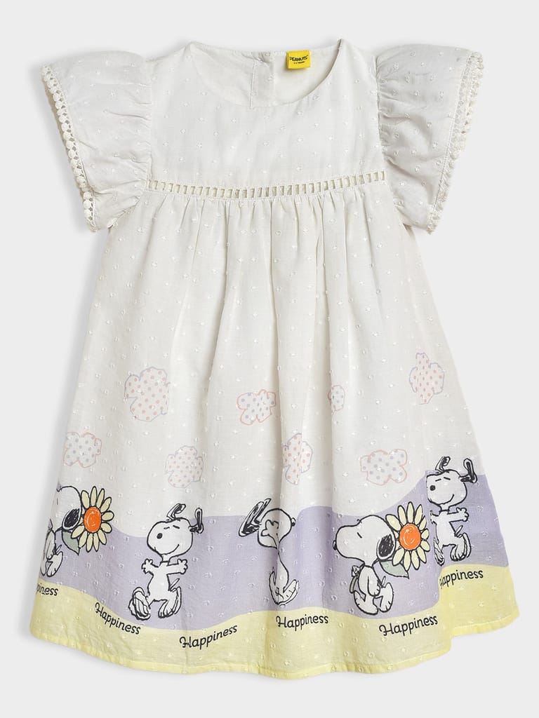 Mi Arcus White Cotton Peanuts Snoopy Printed Dress for Girls