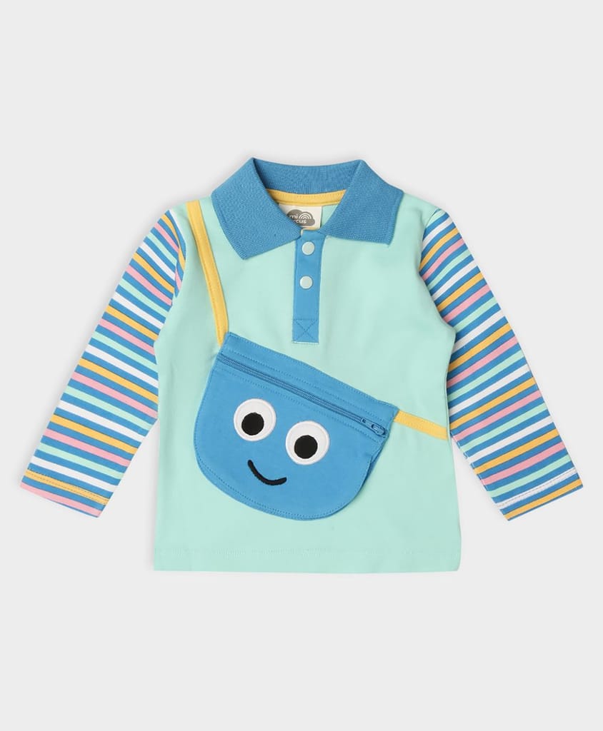 Mi Arcus Solid Blue Collar T-shirt with Smiley Bag