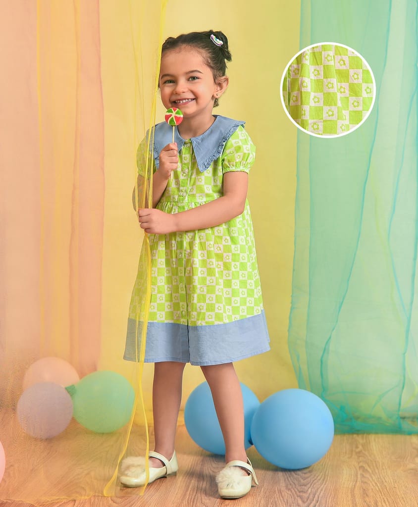 Mi Arcus Green Printed Cotton Front Open Collar Dress for Kids