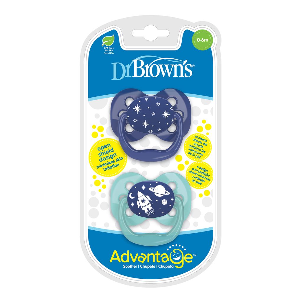 Dr. Brown's Advantage Pacifiers, Stage 1, Pack of 2, Blue Space, Birth+ to 6M