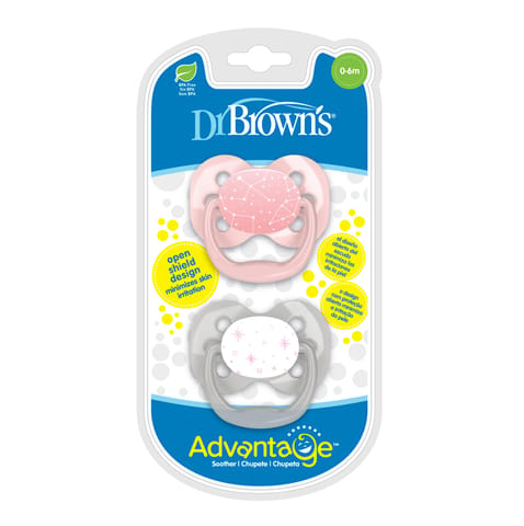 Dr. Brown's Advantage Pacifiers, Stage 1, Pack of 2, Pink Stars, Birth+ to 6M