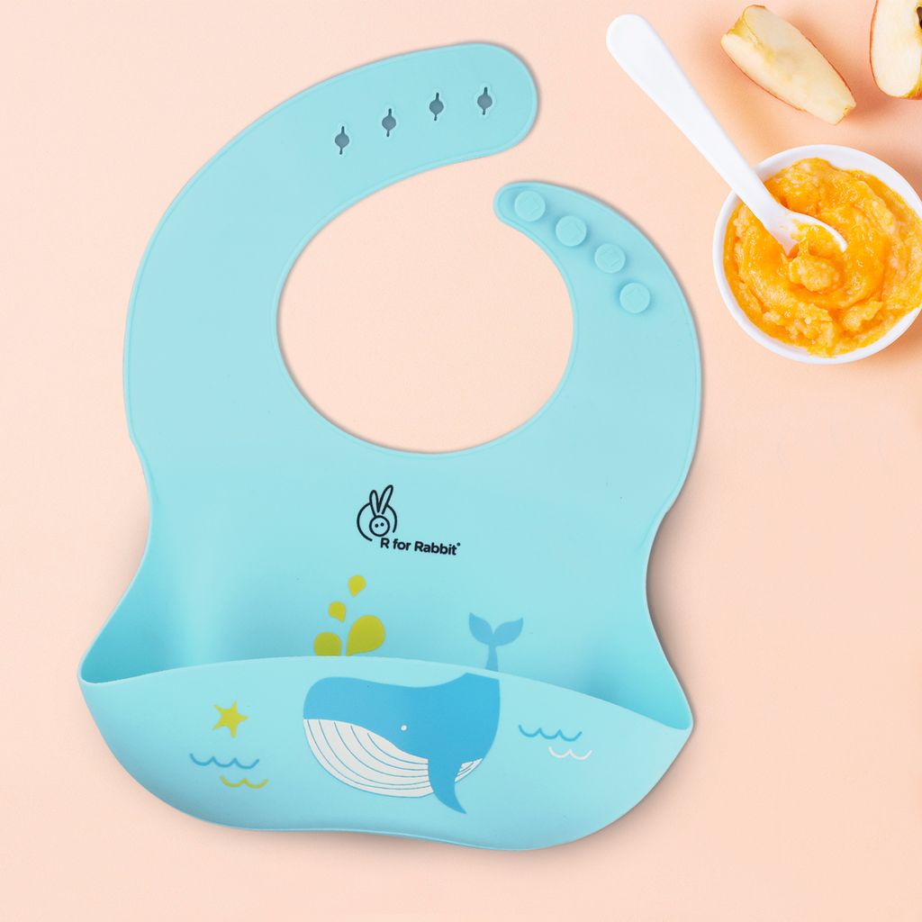 R for Rabbit Safari Silicone Bib For Baby Comfortable Soft And Built-In Food Pocket Lake Blue