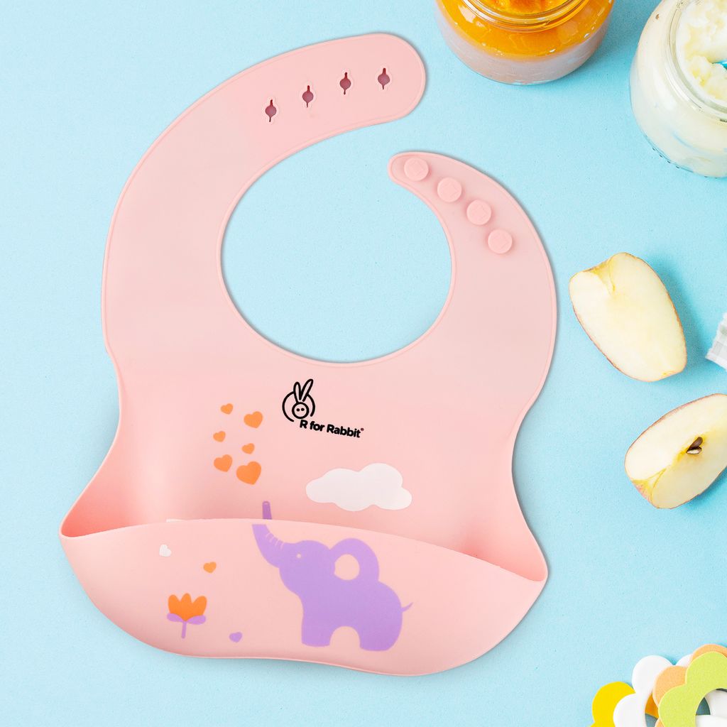 R for Rabbit Safari Silicone Bib For Baby Comfortable Soft And Built-In Food Pocket Peach