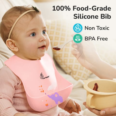 R for Rabbit Safari Silicone Bib For Baby Comfortable Soft And Built-In Food Pocket Peach