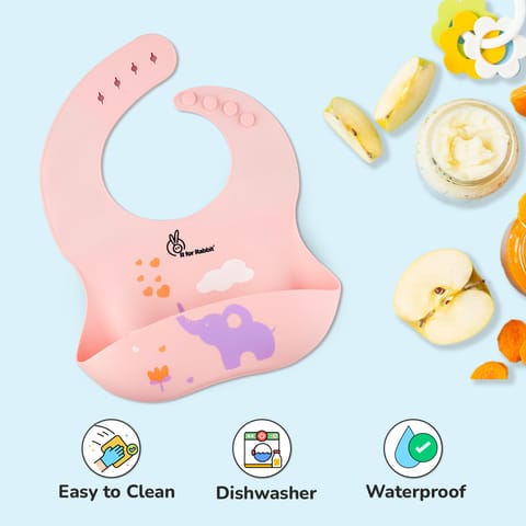 R for Rabbit Safari Silicone Bib For Baby Comfortable Soft And Built-In Food Pocket Peach