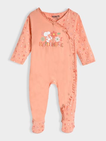 Mi Arcus Peach Cotton Peanuts Snoopy Printed Sleepsuit for Kids