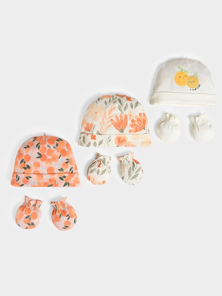 Mi Arcus Peach Printed Caps and 3 Pair of Mittens