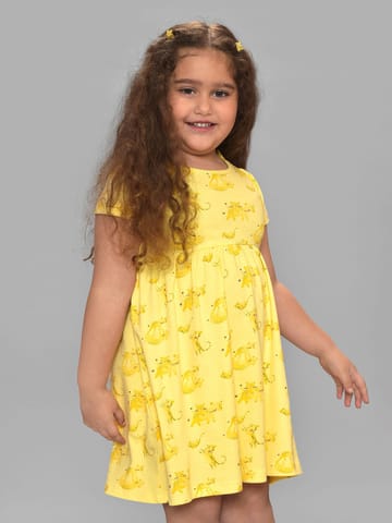 Mi Arcus Cotton Printed Yellow Knee Length Dress with Bloomer for Girls