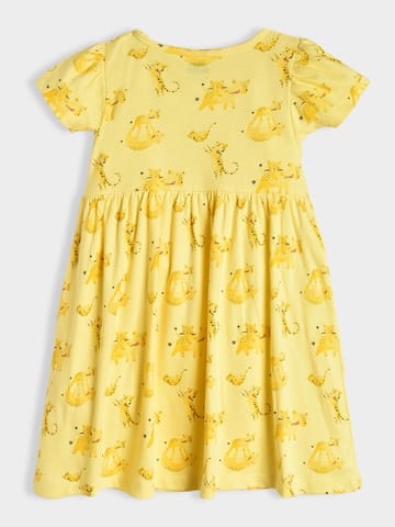 Mi Arcus Cotton Printed Yellow Knee Length Dress with Bloomer for Girls