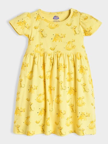 Mi Arcus Cotton Printed Yellow Knee Length Dress with Bloomer for Girls