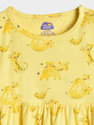 Mi Arcus Cotton Printed Yellow Knee Length Dress with Bloomer for Girls