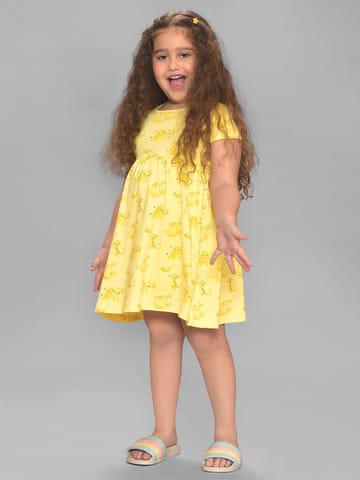 Mi Arcus Cotton Printed Yellow Knee Length Dress with Bloomer for Girls