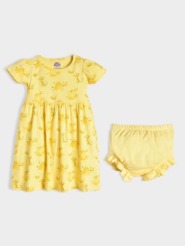 Mi Arcus Cotton Printed Yellow Knee Length Dress with Bloomer for Girls