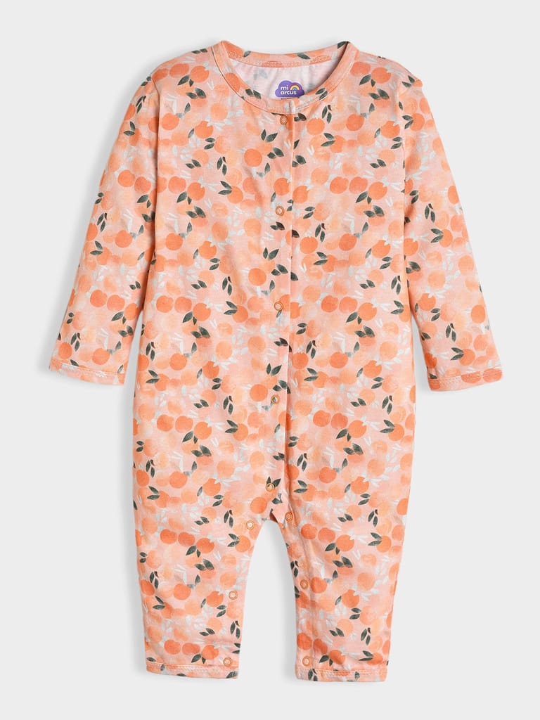 Mi Arcus Peach Cotton Printed Full Sleeve Sleepsuit for Girls