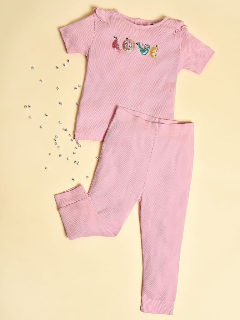 Mi Arcus Cotton Printed Pink Top with Pyjama Set for Girls