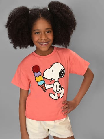 Mi Arcus Peach Peanuts Snoopy Printed Tshirt for Kids