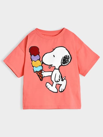 Mi Arcus Peach Peanuts Snoopy Printed Tshirt for Kids