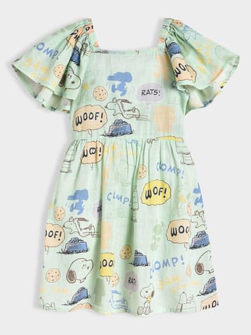 Mi Arcus Cotton Peanuts Snoopy Printed Dress for Girls