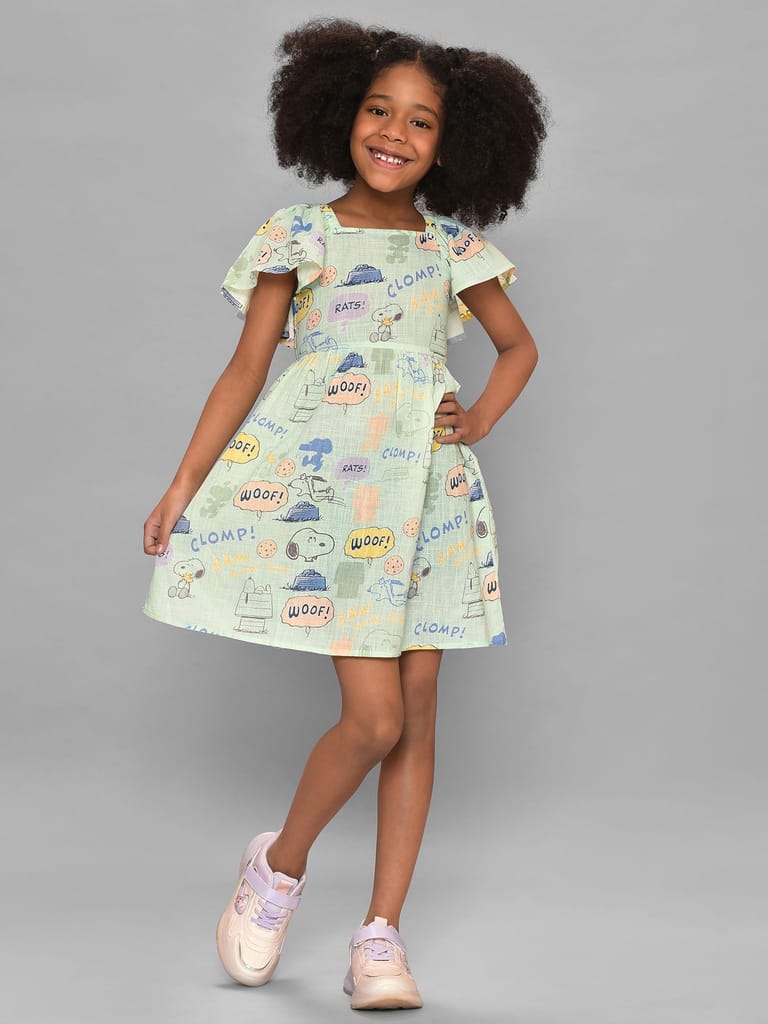 Mi Arcus Cotton Peanuts Snoopy Printed Dress for Girls