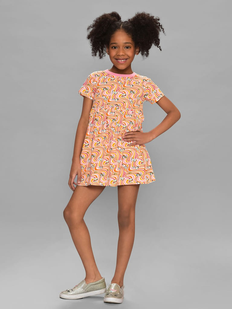 Mi Arcus Cotton Printed Round Neck Short Sleeve Dress for Girls