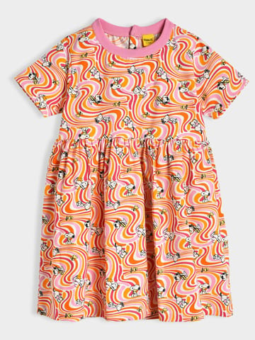 Mi Arcus Cotton Printed Round Neck Short Sleeve Dress for Girls