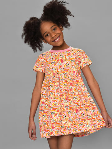 Mi Arcus Cotton Printed Round Neck Short Sleeve Dress for Girls