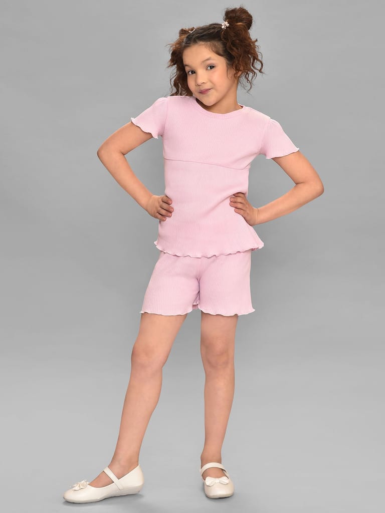 Mi Arcus Cotton Pink Top with Short Set for Girls