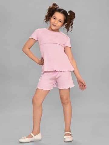 Mi Arcus Cotton Pink Top with Short Set for Girls