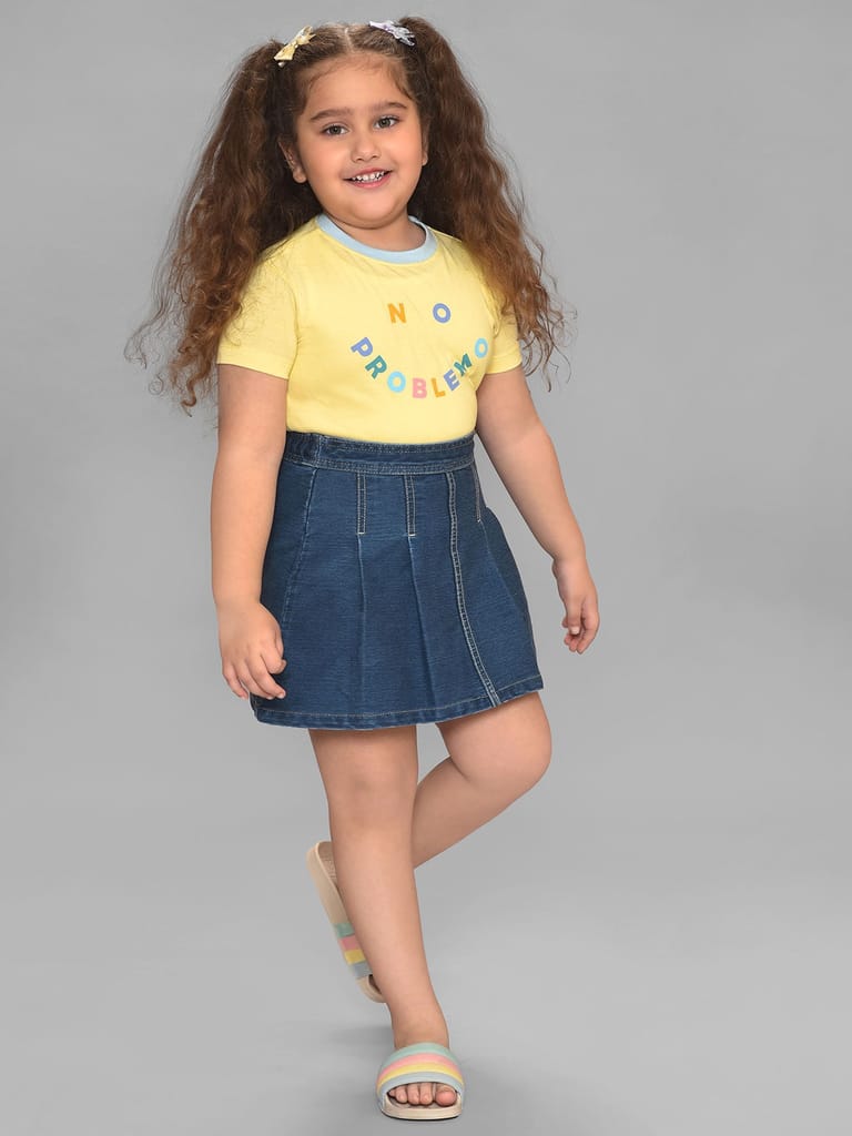 Mi Arcus Yellow Cotton Tshirt with Skirt Set