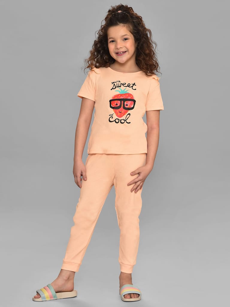 Mi Arcus Peach Cotton Printed Short Sleeve top with Pyjama for Girls