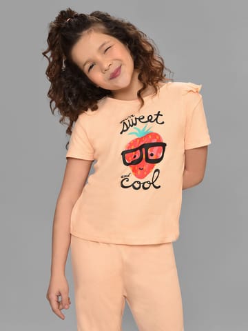 Mi Arcus Peach Cotton Printed Short Sleeve top with Pyjama for Girls