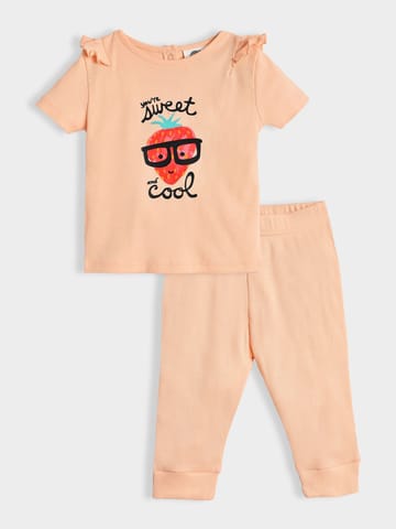 Mi Arcus Peach Cotton Printed Short Sleeve top with Pyjama for Girls