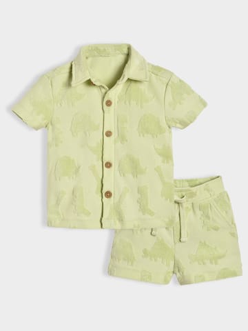 Mi Arcus Cottton Green Short Sleeve Shirt with Shorts Set for Boys