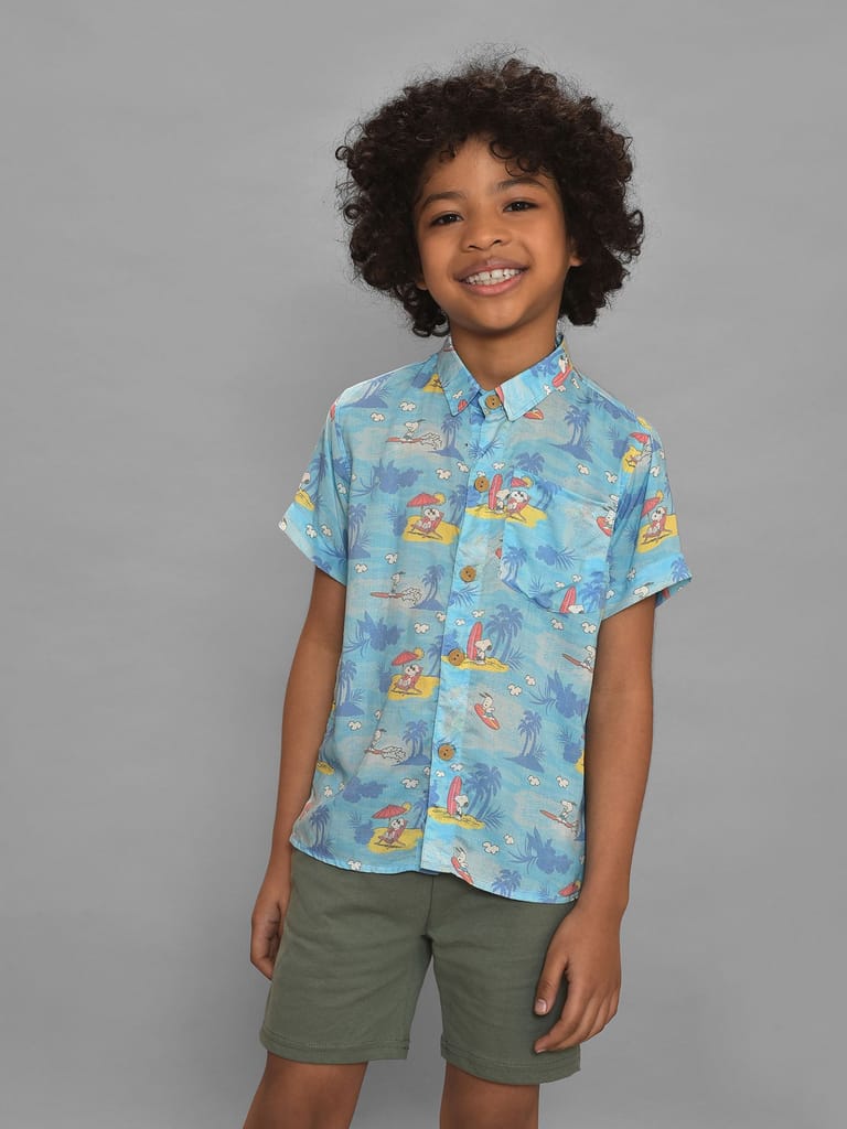 Mi Arcus Peanuts Snoopy Printed Blue Shirt for Boys